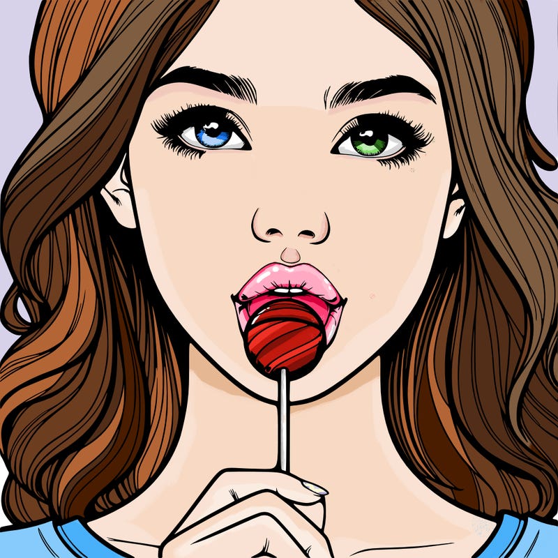 a realistic girl with a lollipop in her mouth