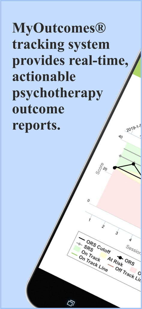 MyOutcomes - Interfaz de la aplicación MyOutcomes que muestra informes de resultados de psicoterapia procesables en tiempo real y gráficos de seguimiento.