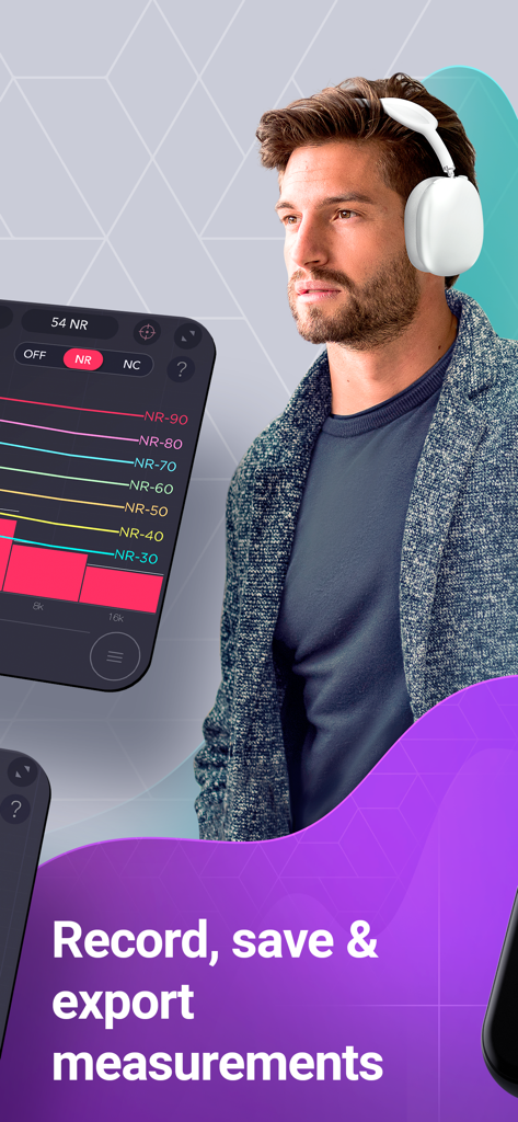 A man wearing headphones next to the Decibel Meter app interface showing recording and exporting measurement features