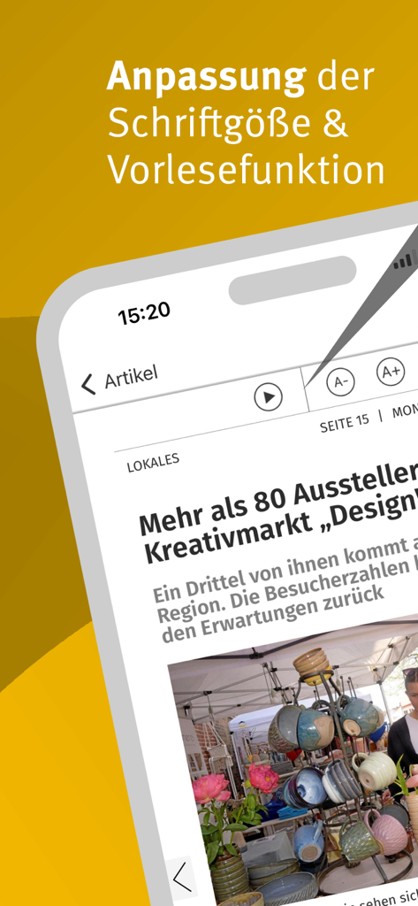 Smartphone screen showing font size adjustment and read aloud options in the Braunschweiger Zeitung app