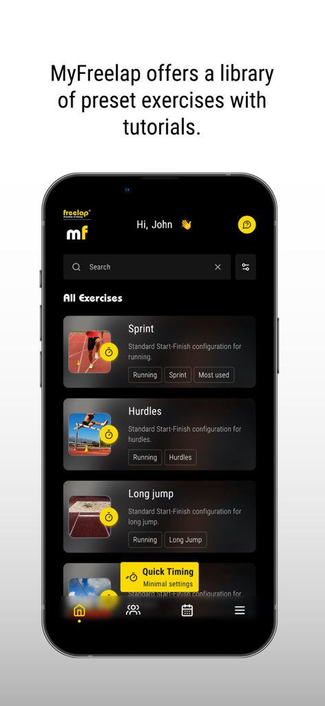 MyFreelap - MyFreelap app interface displaying a library of preset athletic exercises including Sprint Hurdles and Long Jump