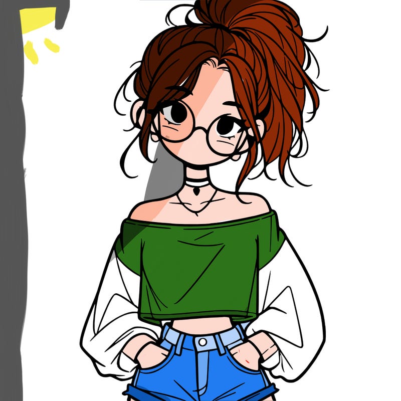 girl with a messy ponytail glasses a baggy crop top and jean shorts