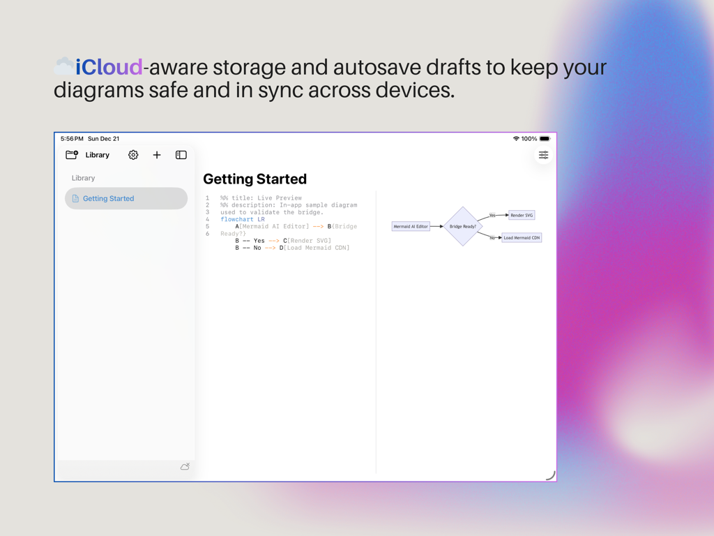 Mermind app interface showing a split-view diagram editor with Mermaid syntax and live flowchart preview highlighting iCloud synchronization.