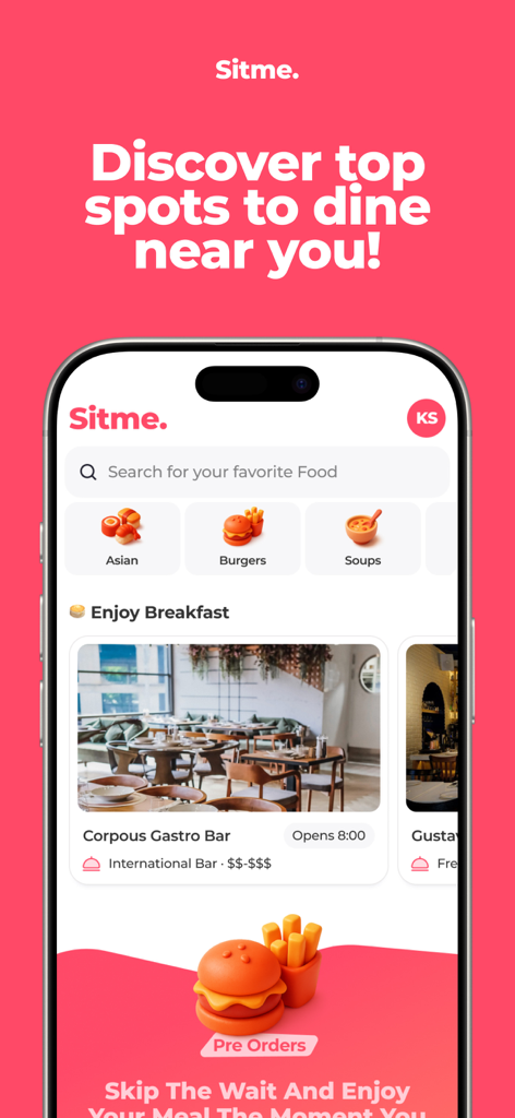 Sitme. - Interface of the Sitme app showing restaurant discovery and meal pre-order options