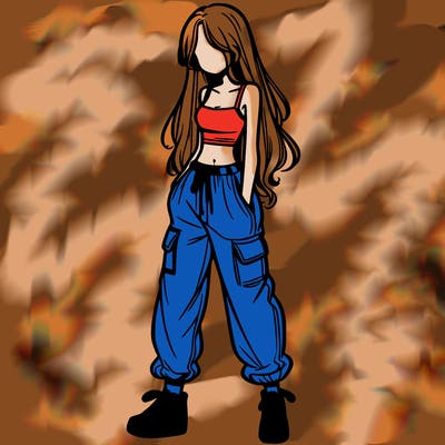 girl in baggy pants crop top and long hair