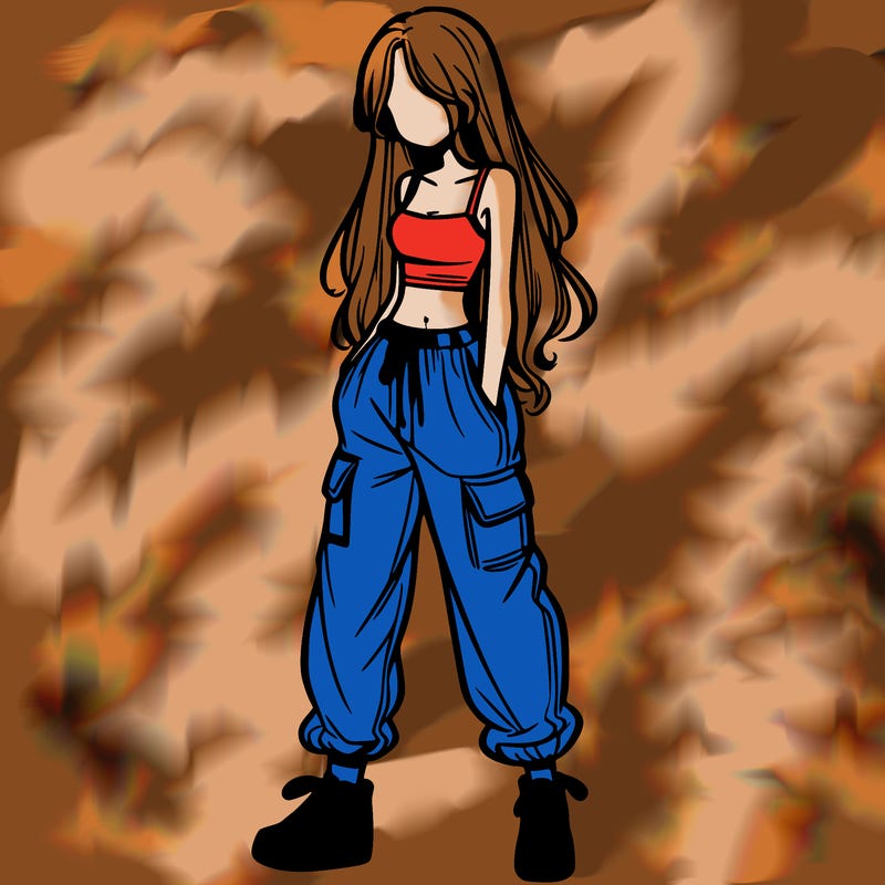 girl in baggy pants crop top and long hair