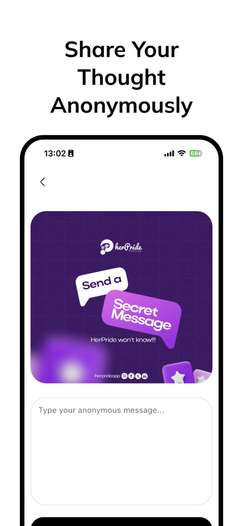 Her Pride - Interface of the Her Pride app showing a feature to share anonymous thoughts and secret messages.