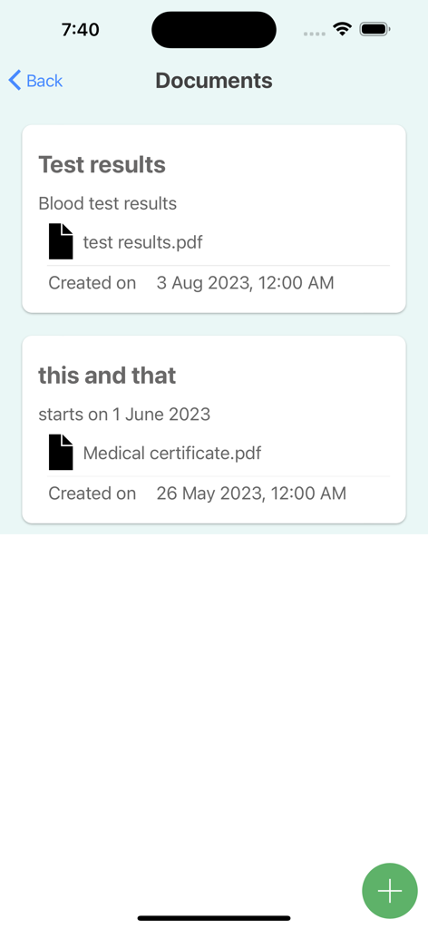 The documents section of the Leecare P6MyCarePlan app displaying blood test results and medical certificates