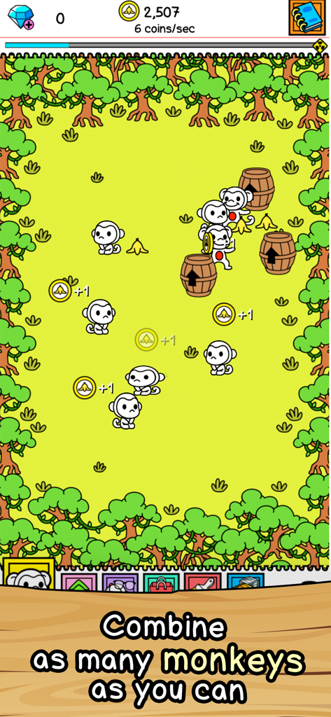 Gameplay screen of Monkey Evolution Merge showing doodle monkeys in a forest clearing with instructions to combine them