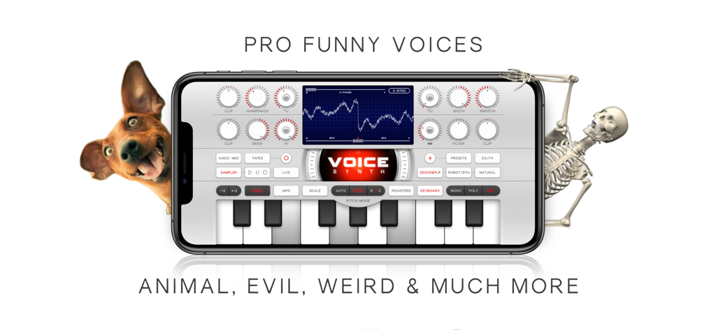 전문적인 재미있는 목소리 효과를 보여주는 iPhone의 Voice Synth Modular 앱 인터페이스