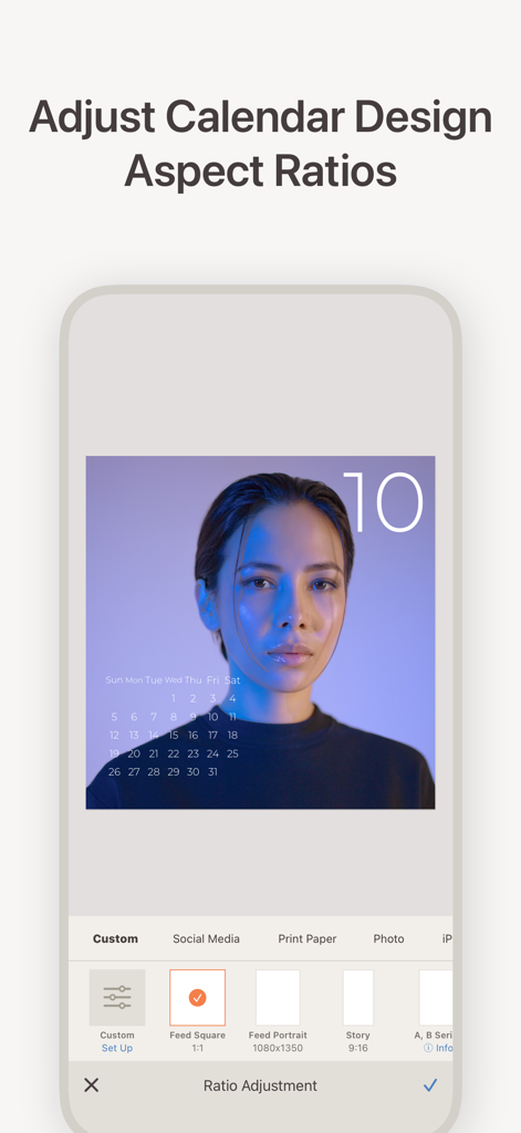 写真カレンダーデザインのアスペクト比を調整するオプションを示すCalmakerアプリのスクリーンショット。