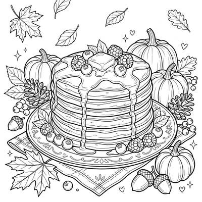 Indulge in the warmth of the season with this delightful coloring page featuring a stack of pancakes surrounded by classic autumn elements. It's the perfect way to bring fall's charm to life with your favorite colors.