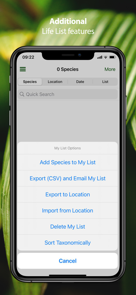 Life list options menu in the Frogs of Southern Africa app displaying export and species management features