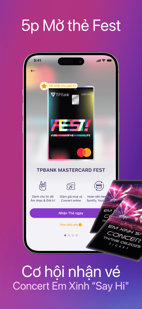 TPBank Mobile - TPBank Mobile app screen displaying the Mastercard Fest credit card and concert ticket offers.