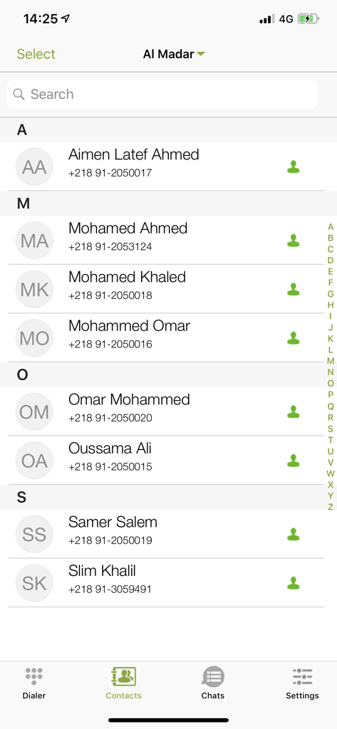 الو ليبيا - Interfaz de la lista de contactos de la aplicación móvil Allo Libya que muestra nombres y números de teléfono libios