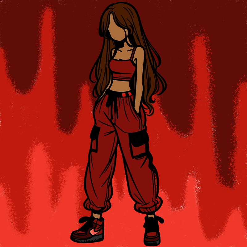 girl in baggy pants crop top and long hair