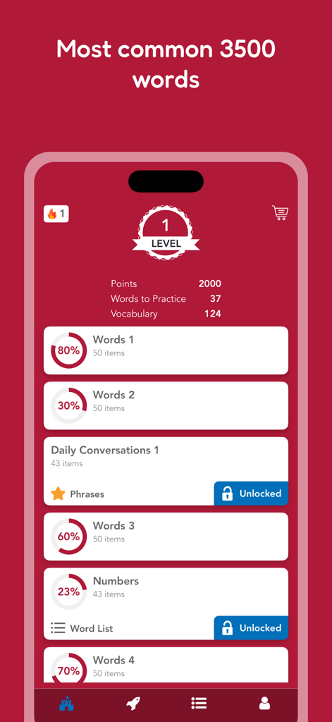 Learn Korean: Vocab & Words - App interface displaying Korean vocabulary categories and user progress tracking