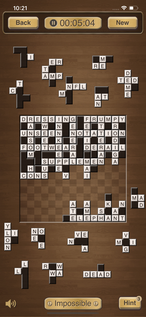 Crossword Jigsaw Puzzles - Gameplay of Crossword Jigsaw Puzzles showing a word puzzle grid and scattered jigsaw pieces on a wooden background