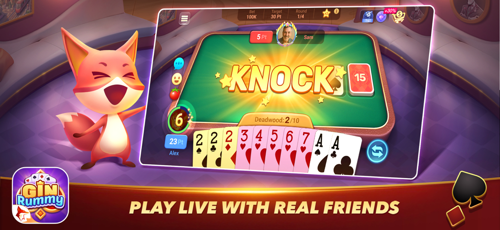 Gin Rummy Zingplay - Gin Rummy ZingPlay game interface showing a knock announcement and the message play live with real friends