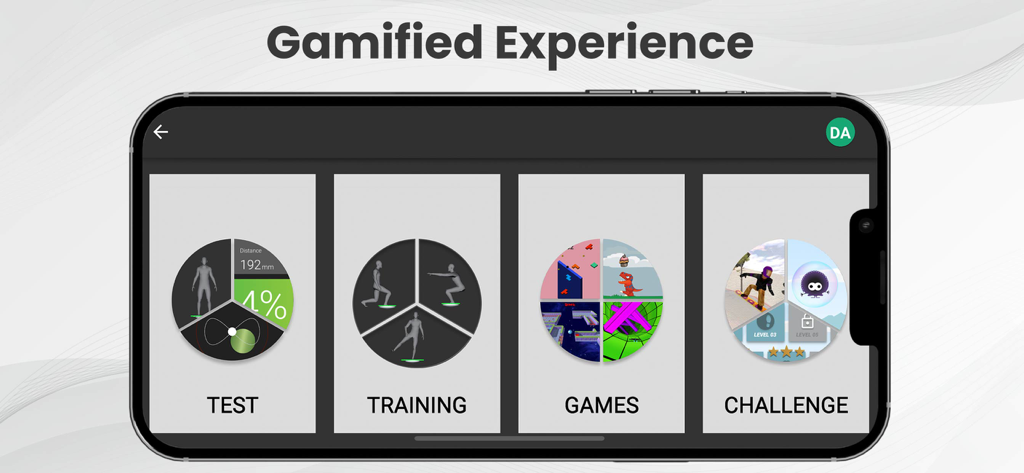 BoBo Pro 2.0 - BoBo Pro 2.0 app menu showing test training games and challenge options for gamified physical therapy