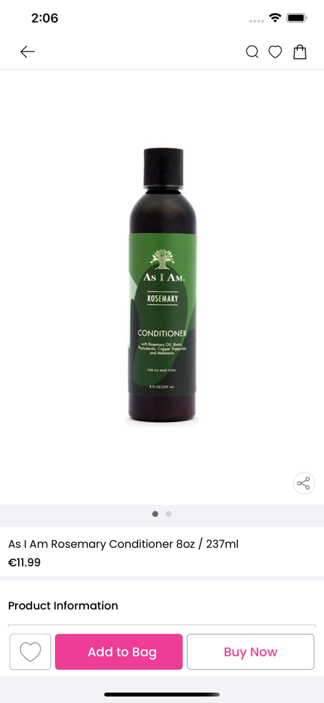 Produktdetailseite für As I Am Rosemary Conditioner in der mobilen GT World of Beauty App.