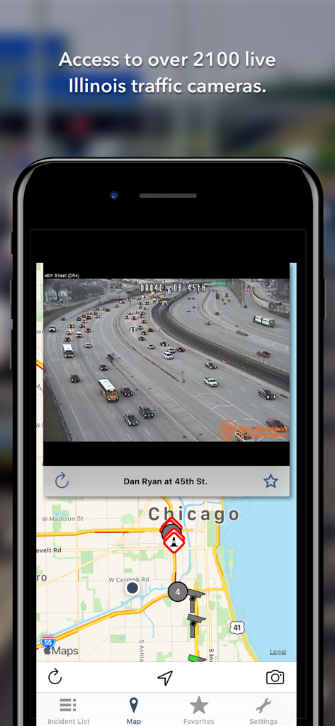Die Illinois State Roads App zeigt einen Live-Verkehrskamera-Feed des Dan Ryan Expressway in Chicago