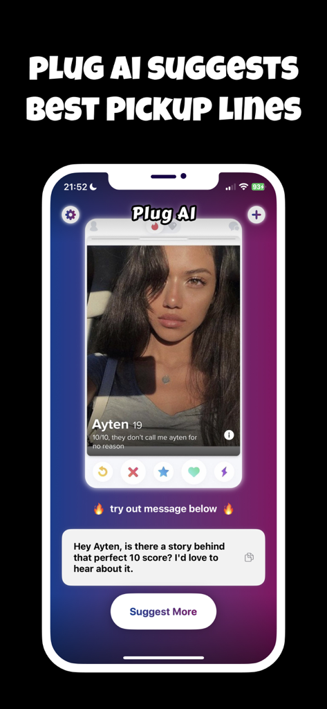 Plug AI: Pick Up Lines & Rizz - Plug AI app interface showing an AI-generated pickup line for a dating app profile