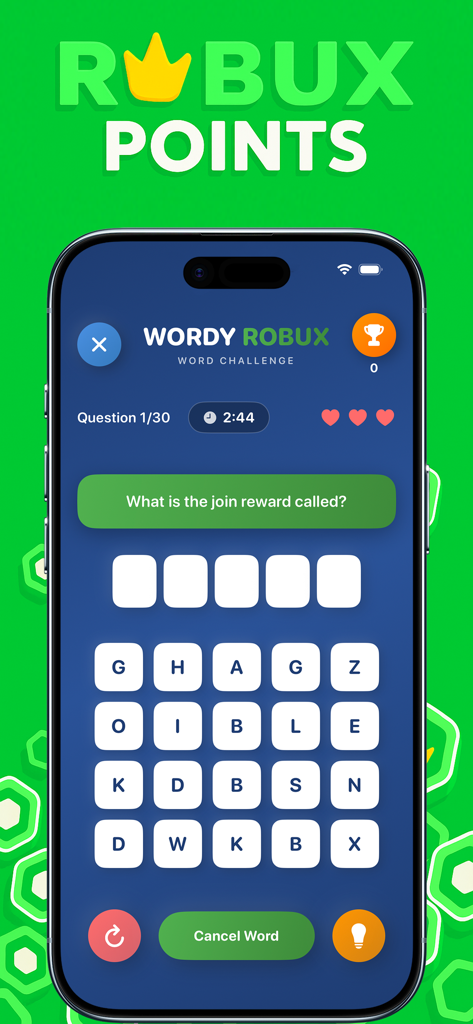 Robux Points | for Roblox ™ - Screenshot di gioco del quiz Wordy Robux con un puzzle di parole trivia su Roblox