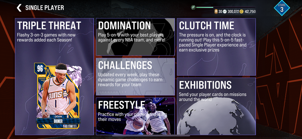 NBA 2K24 MyTEAM - NBA 2K24 MyTEAM single player game modes selection screen featuring various basketball challenges.