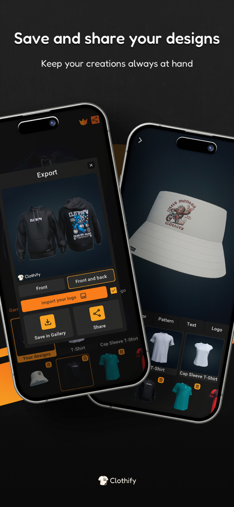Clothify - Diseña ropa en 3D - Interfaz de la aplicación Clothify mostrando las opciones para exportar y compartir diseños de ropa 3D personalizados como sudaderas y gorras