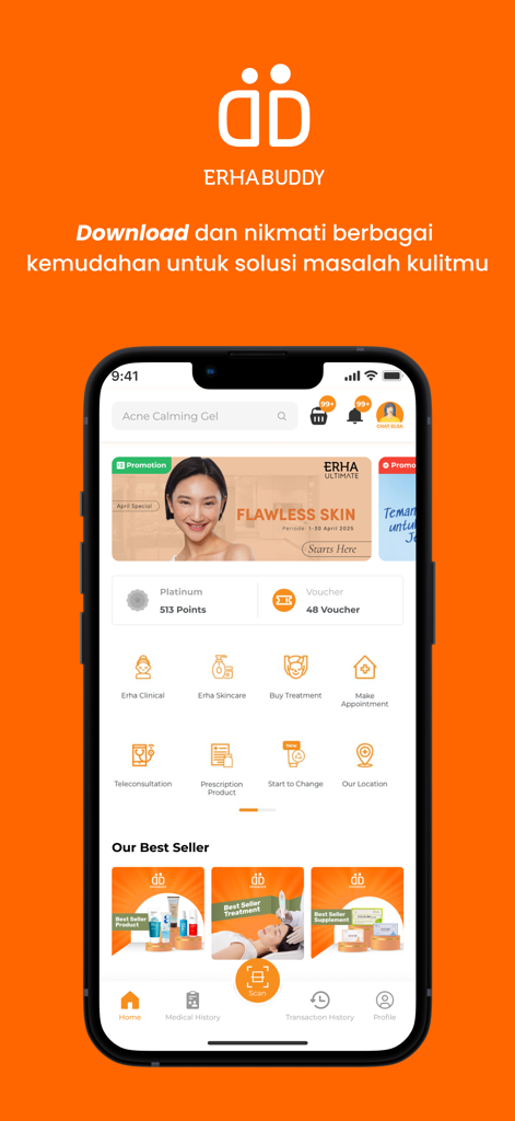 ERHA BUDDYモバイルアプリのホーム画面。スキンケアサービスと遠隔医療オプションが表示されています。