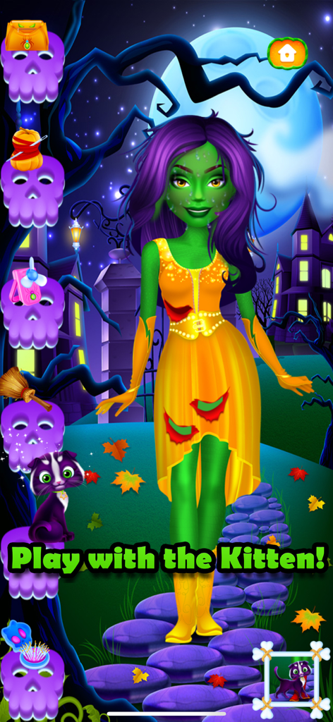 Halloween Makeover Simulator - Green monster girl in an orange dress with a pet kitten in a spooky Halloween setting