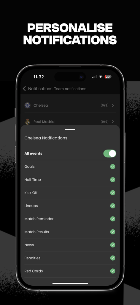 Interface de l'application GOAL Live Scores montrant les paramètres de notification personnalisés pour une équipe de football.