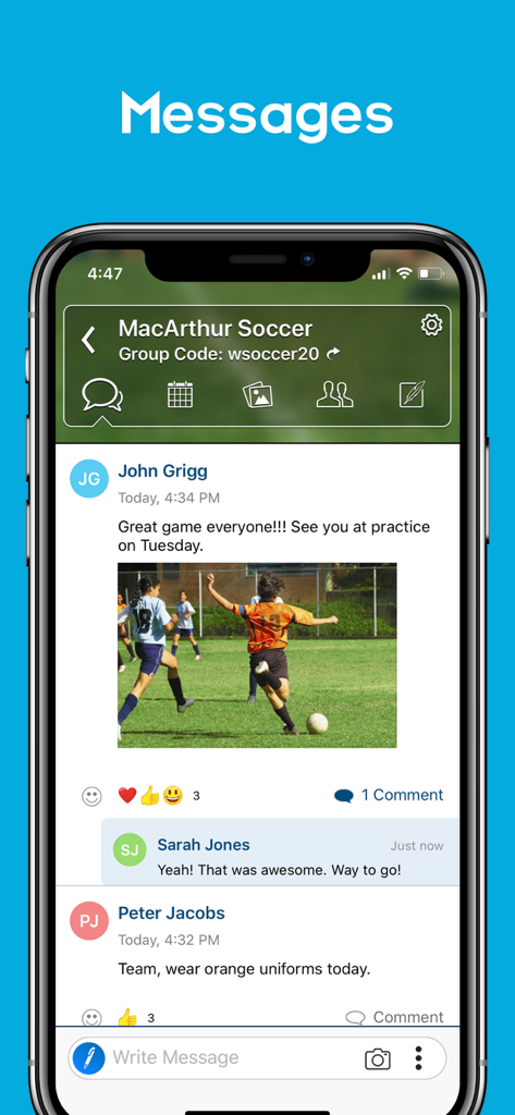 Messaging interface of TeamReach app showing a soccer team group chat with messages and photos.