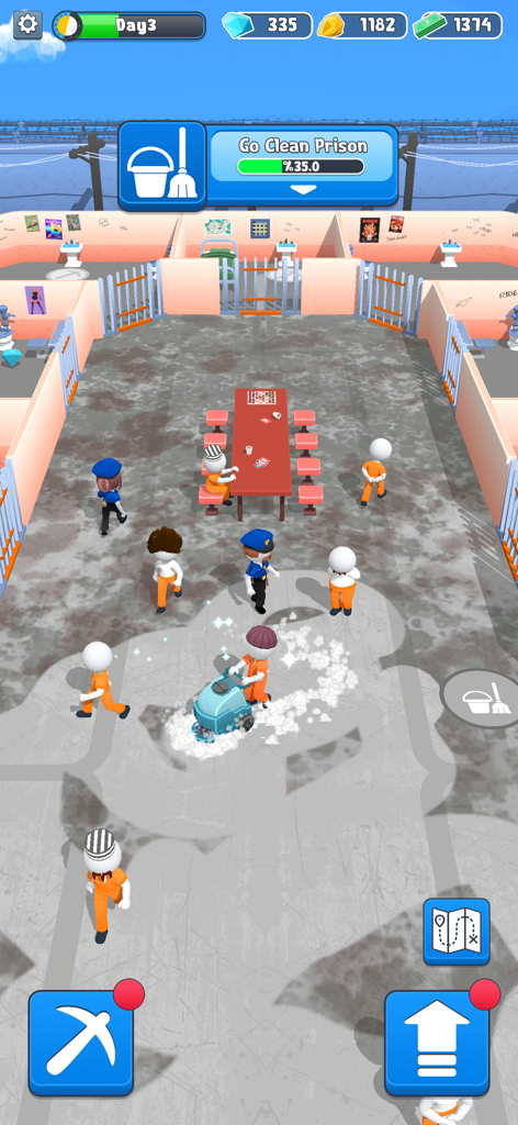 Prison Break-Out - Un prisionero limpiando el patio de la prisión con una máquina barredora mientras los guardias patrullan en un juego de simulación 3D