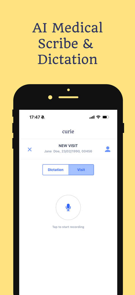 Curie - AI Medical Scribe - Curie AI medical scribe app interface showing a new visit screen with a microphone icon to start recording