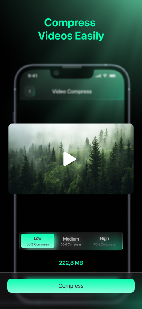 AIClean: Photo Storage Cleaner - Screenshot of AIClean app showing video compression settings with low medium and high options to save storage space
