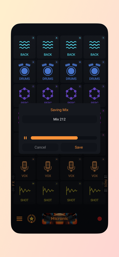 Rhythm Pads app interface showing a music mix being saved with progress bar