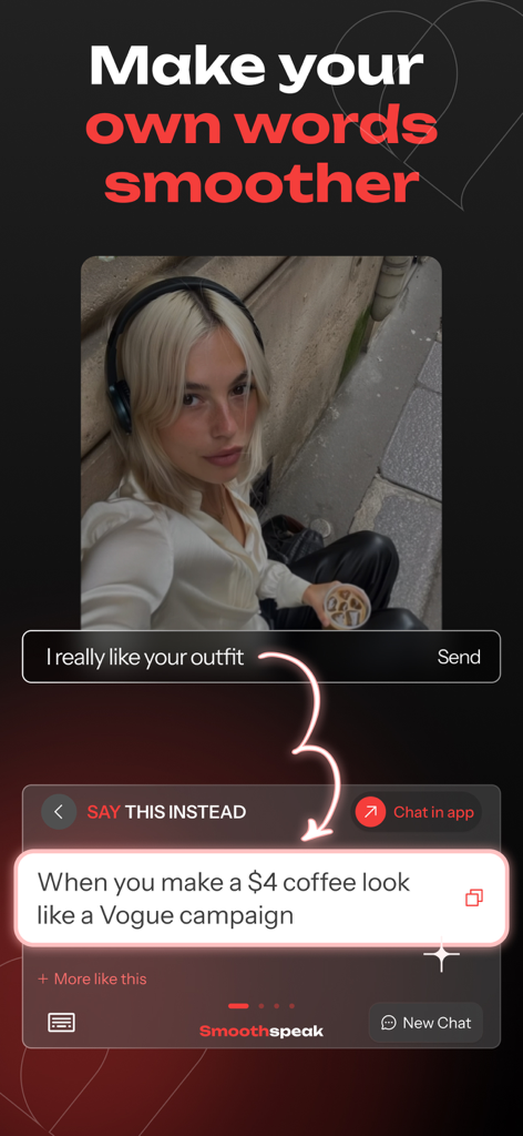 Smoothspeak AI Rizz Keyboard rewriting a simple compliment into a charismatic dating app message.