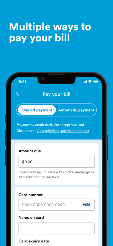 Interface de l'application mobile 2degrees NZ affichant les options de paiement de factures pour des paiements uniques ou automatiques par carte de crédit.