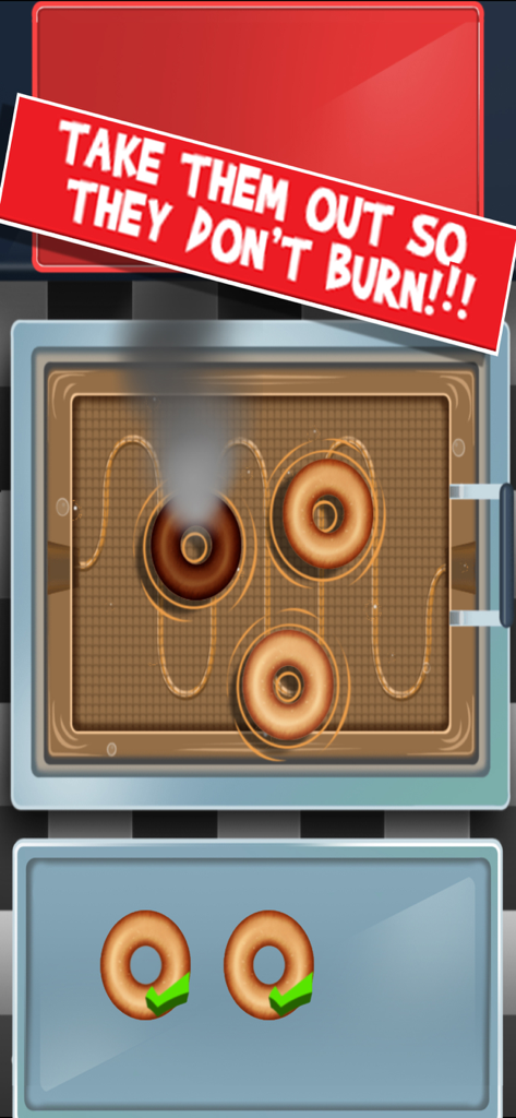 Baking screen in Donut Games showing donuts being fried with a warning to avoid burning