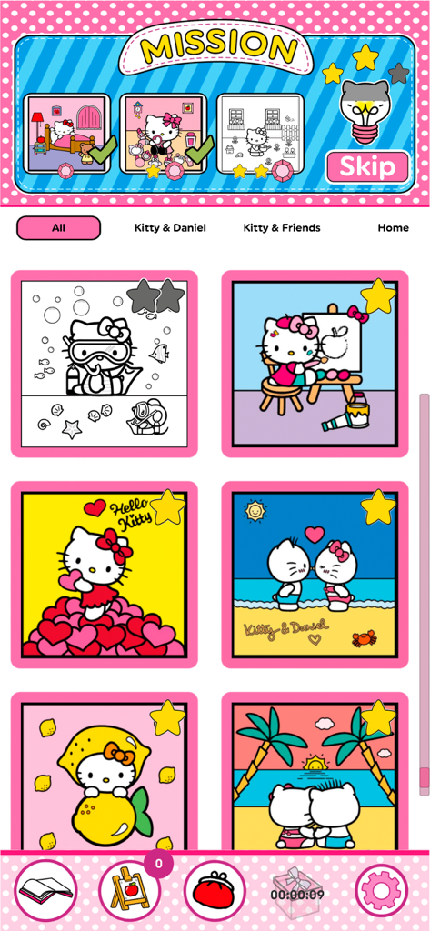 Hello Kitty: Coloring Book - 헬로 키티 색칠 공부 인터페이스, 임무 진행 상황 및 귀여운 색칠 페이지 선택 표시