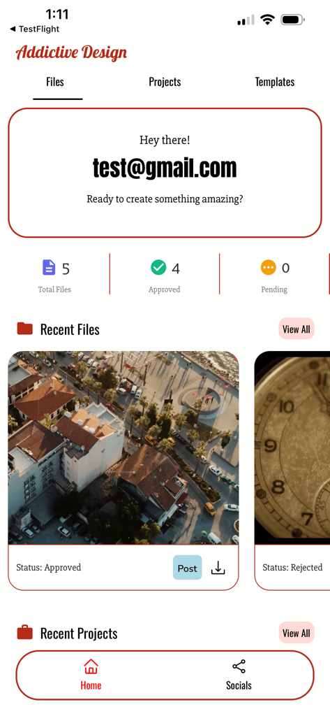 Addictive Design - Dashboard of the Addictive Design app displaying statistics for total and approved files with a section for recent social media post designs.