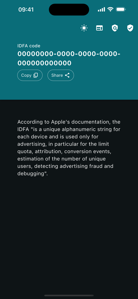 Interfaz de la aplicación IDFA que muestra el código IDFA del dispositivo con opciones de copiar y compartir