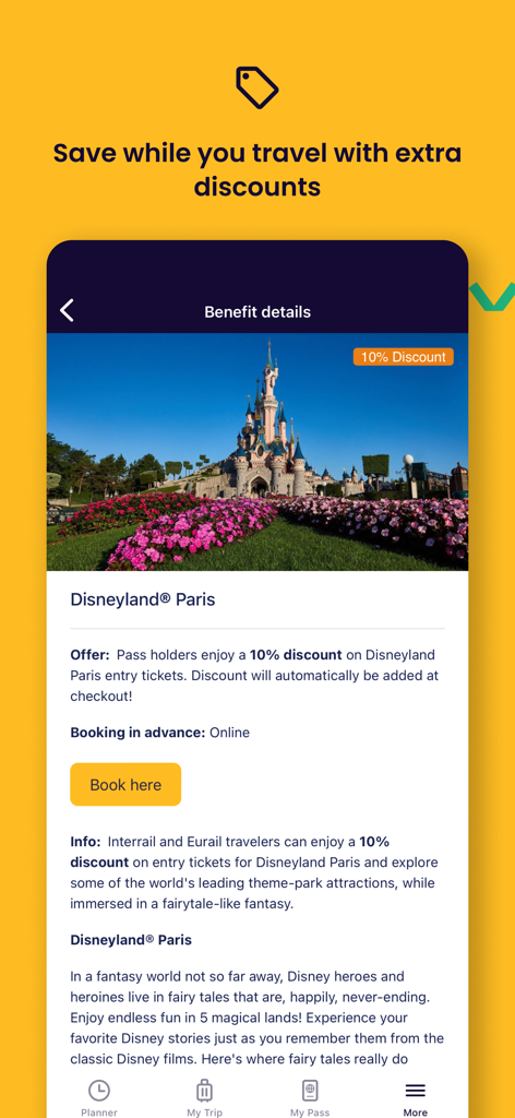 Rail Planner app displaying a 10 percent discount on Disneyland Paris entry tickets for pass holders.
