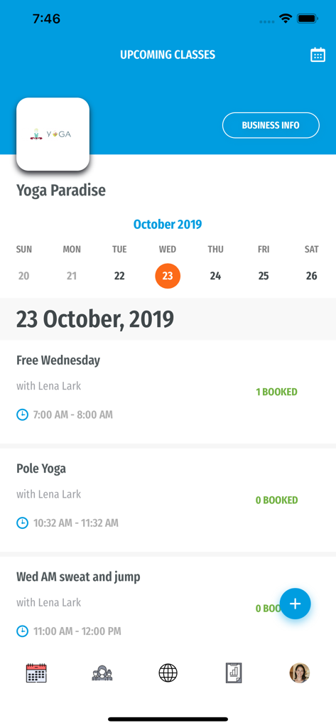 Mobile screen of StudioBookings app showing upcoming yoga classes for Yoga Paradise.