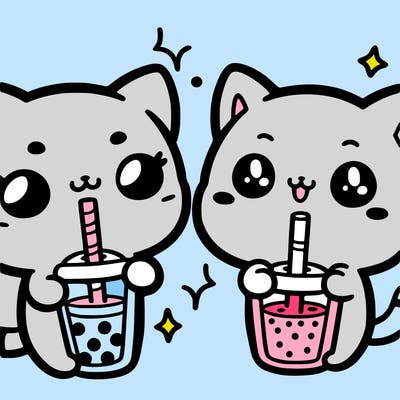 kawaii cute cat drinking boba