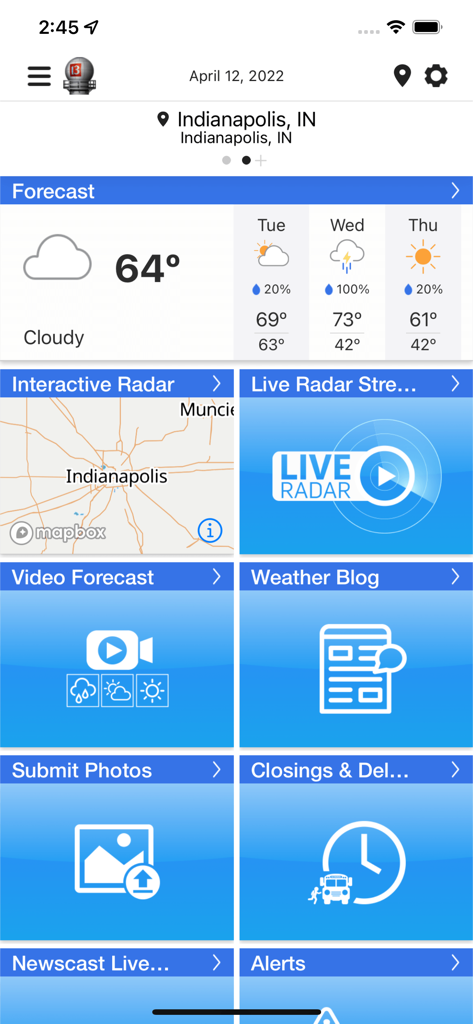WTHR Live Doppler 13 Weatherアプリのホーム画面、インディアナポリスの予報と気象レーダーが表示されています