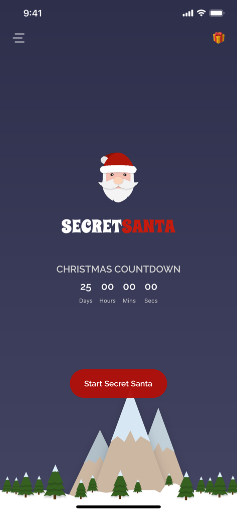 Secret Santa app home screen with a Christmas countdown timer and start button