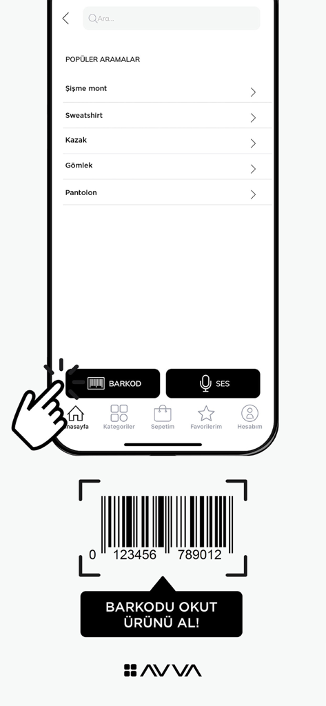 AVVA | Online Alışveriş - AVVA mobile app interface showcasing the barcode scan search feature for mens smart casual fashion